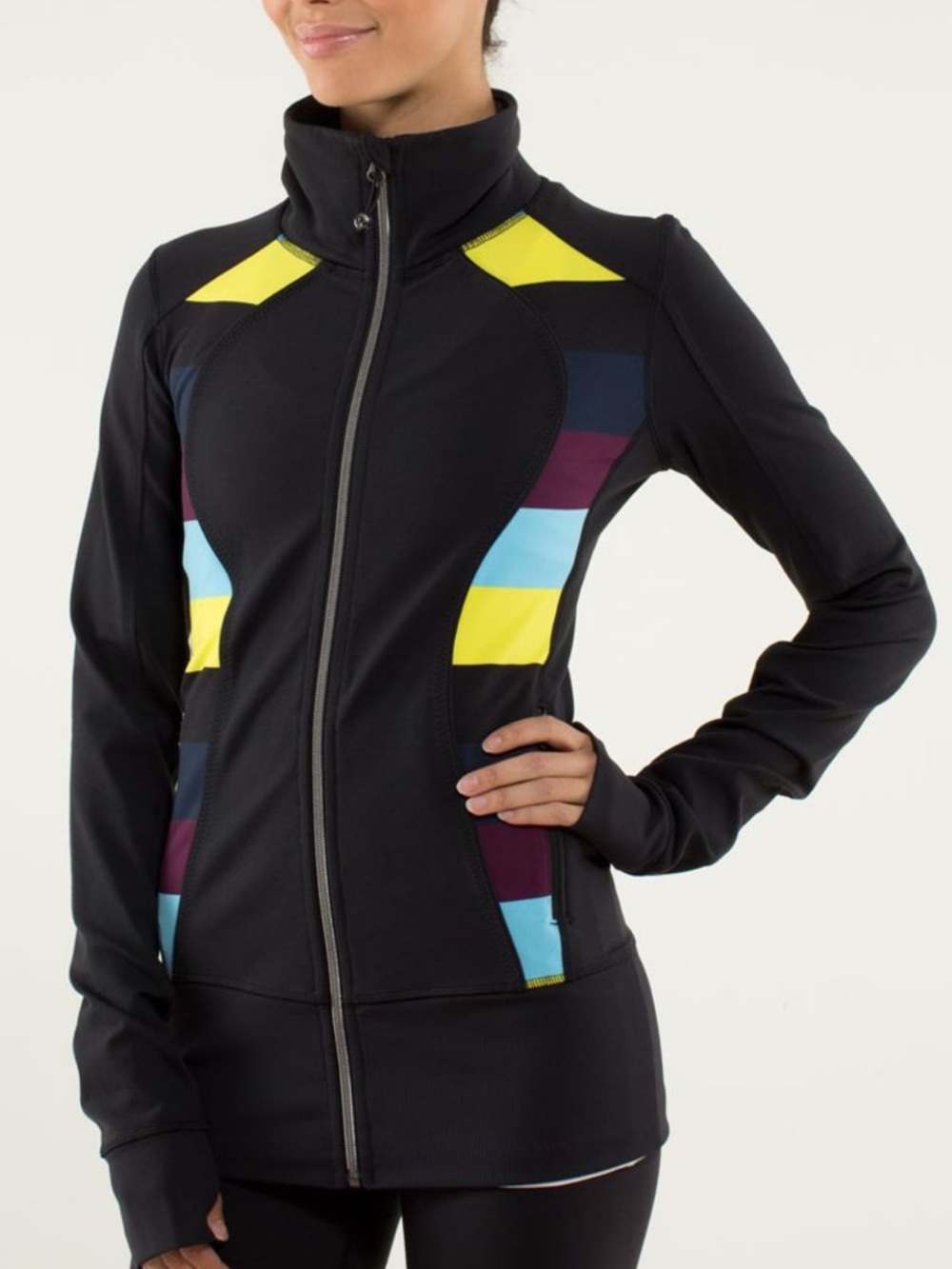 Lululemon black yellow blue burgundy stripe zip up Nice Asana Jacket sweatshirt